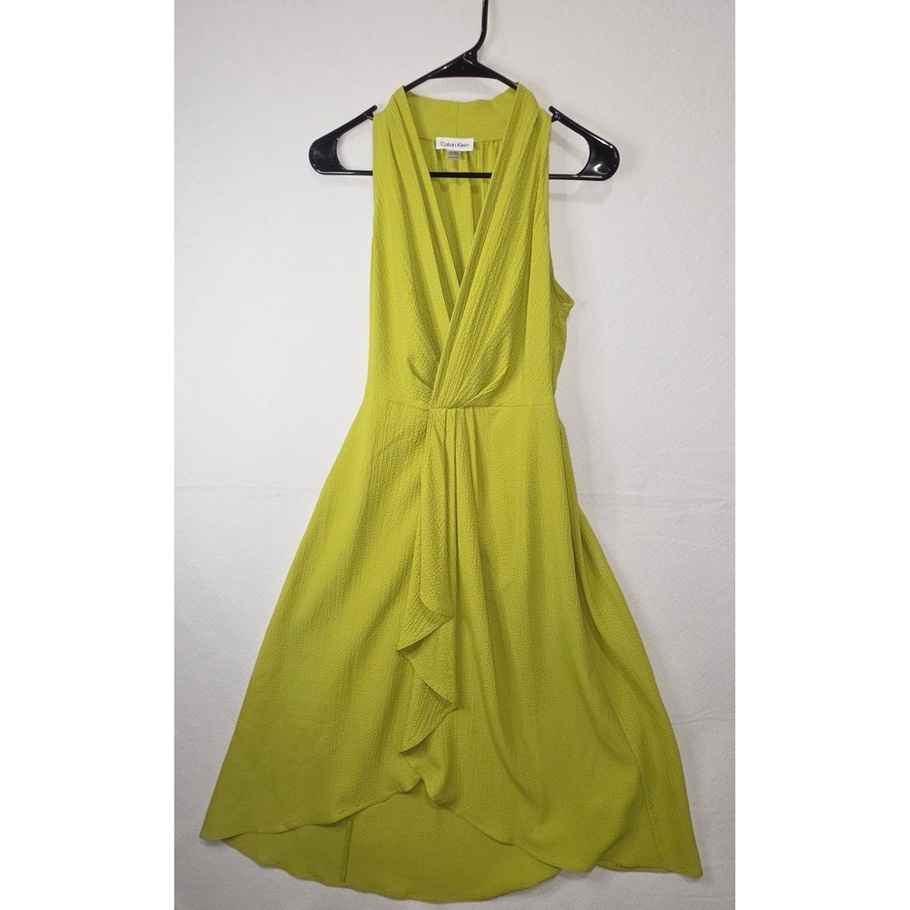 Calvin Klein Lime Green Sleeveless High Low V-Neck Midi Dress Petite 8P